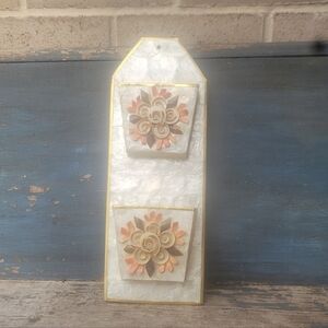 Chapiz Shell Mail Holder Cream and Gold Floral Wall Organizer Vintage 60s